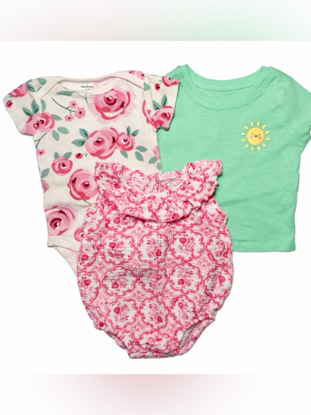 Baby Girl Outfit Bundle 3pc Floral Onesie Romper + Tee Cute Set 3-6 Months